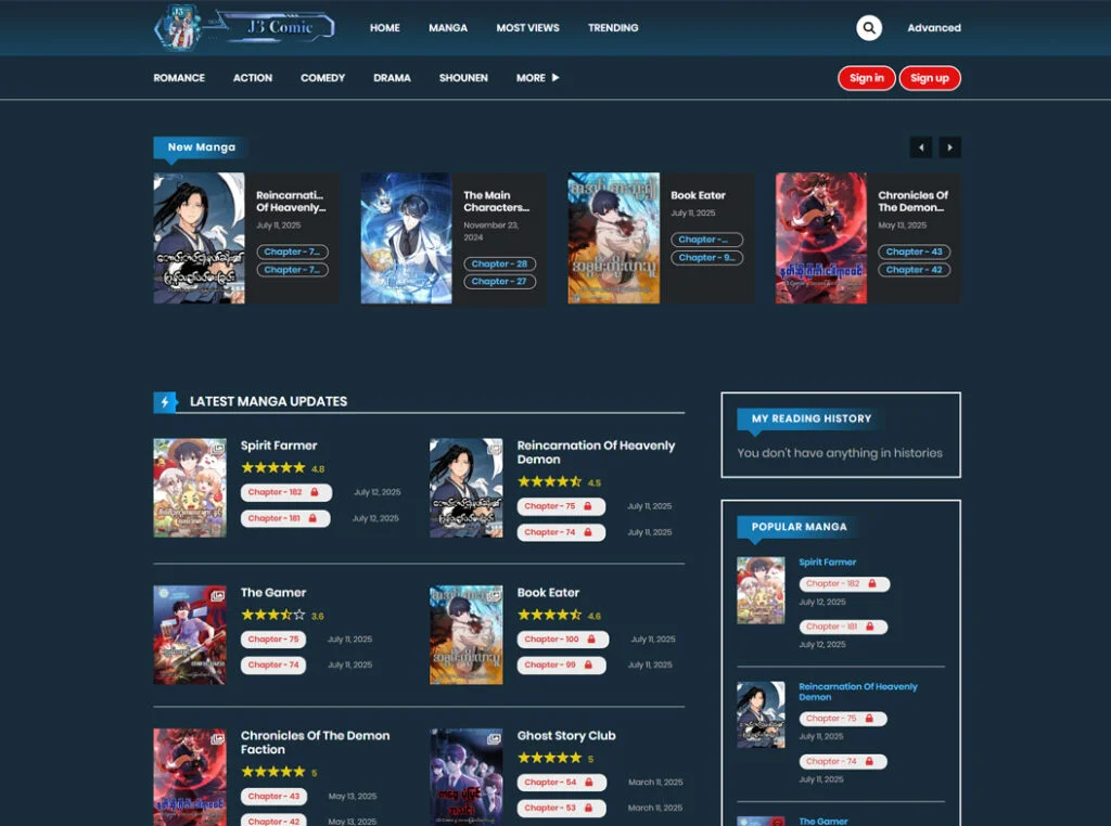 J3 Comic website homepage